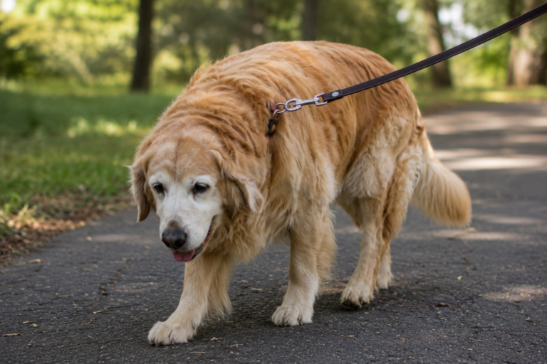 old dog having a hard time walking