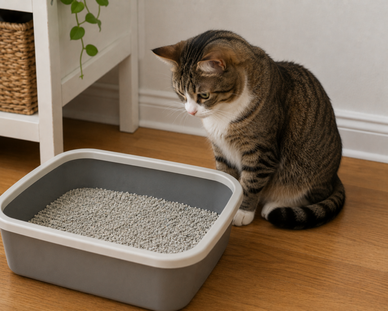 cat looking at a litterbox